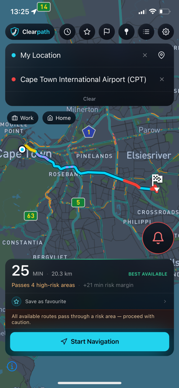 Clearpath showing a safety-aware route to Cape Town International Airport